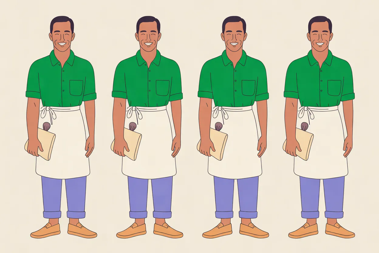 The Lightkeeper character sheet on a warm cream background: four identical full-length front views, all with the same wide grin and closed eyes. In each he wears an emerald-green short-sleeved shirt with rolled sleeves, a knee-length cream apron, rolled periwinkle trousers and tan slip-on shoes, and holds a folded cream chamois with a small round brush tucked into it at his side.