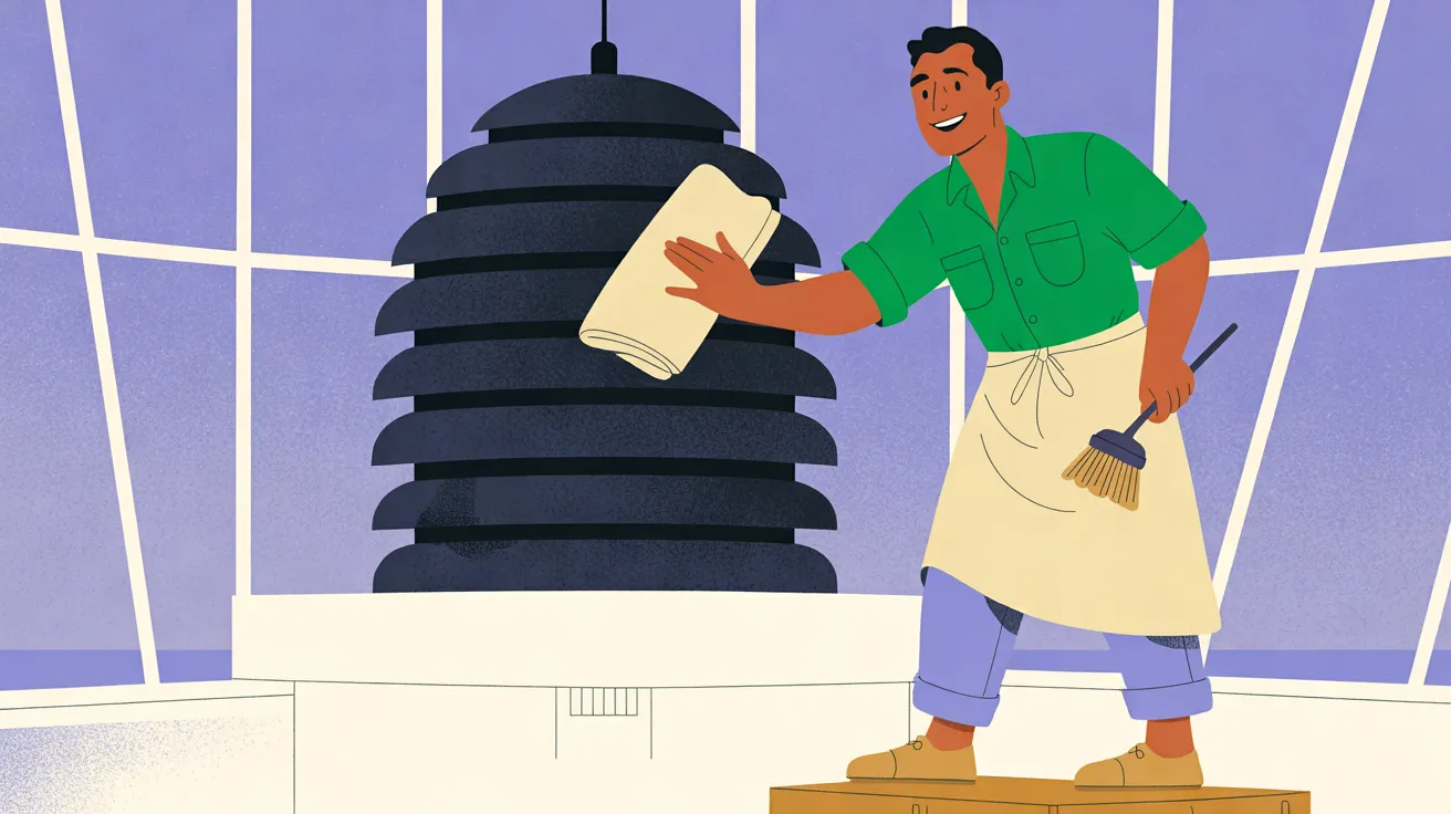 The Lightkeeper, a man with warm brown skin, close-cropped black hair and a wide grin, in an emerald-green short-sleeved shirt with rolled sleeves, a long cream apron, rolled periwinkle trousers and tan canvas shoes, stands on a small wooden step at the right inside a glass-walled lantern room. He wipes a tall dark-blue beehive-shaped lens of stacked rings with a folded cream chamois and holds a small hand brush in his other hand. The lens stands on a cream base at the center, and cream window frames divide a periwinkle sky, with a thin strip of sea along the bottom of the windows.