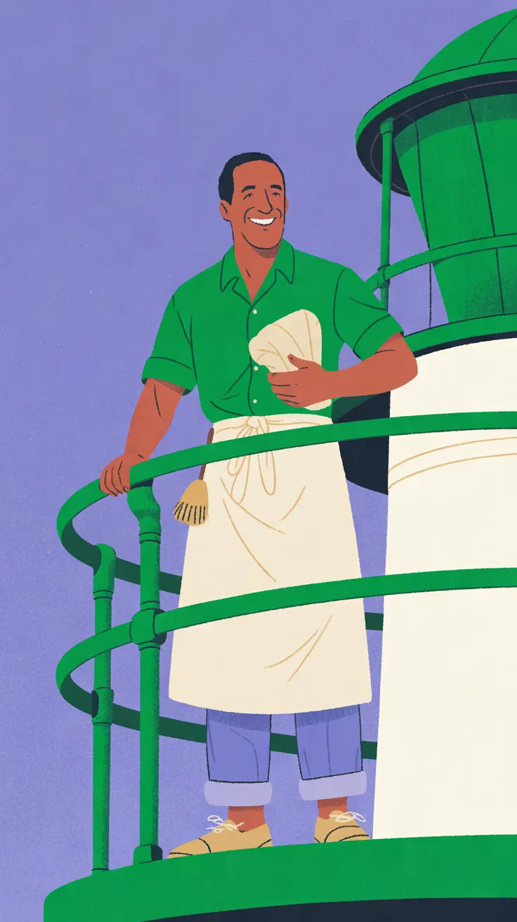 The Lightkeeper, grinning, stands on the emerald-green iron gallery at the top of a white lighthouse in an emerald-green short-sleeved shirt, a long cream apron, rolled periwinkle trousers and tan canvas shoes. One hand rests on the green rail and the other holds a folded cream chamois against his chest, with a small brush hanging at his apron’s waist. Behind him rise the white tower and its green lantern under a plain periwinkle sky.