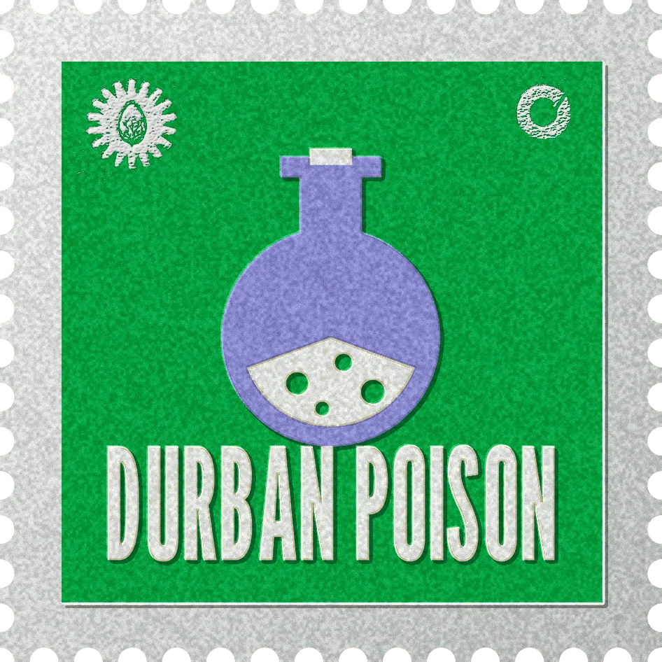 Durban Poison stamp, No. 59 in the Official Cannabis collection: a stoppered round flask with a bubbling liquid